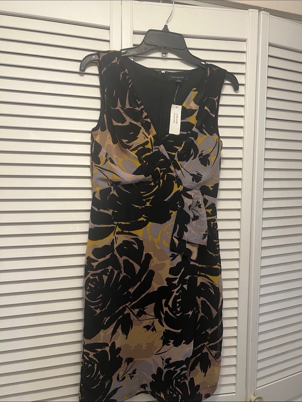 Banana Republic Black Floral Midi Dress with Mustard and Taupe Accents